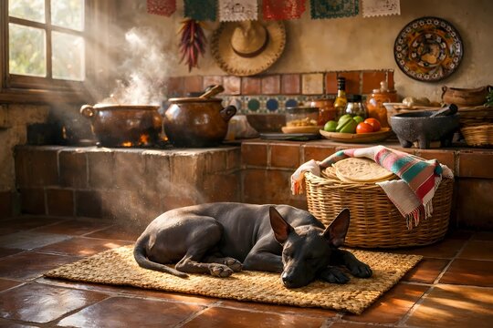 Quiet Cinco de Mayo kitchen moment. Clay pots simmer, basket of tortillas. A Xoloitzcuintli dog rests on a mat on the floor. Sunlight streams in, highlighting the dog and rustic details. Peaceful prep