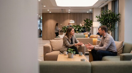 Two colleagues in a modern office lounge discuss business while sitting on sofas
