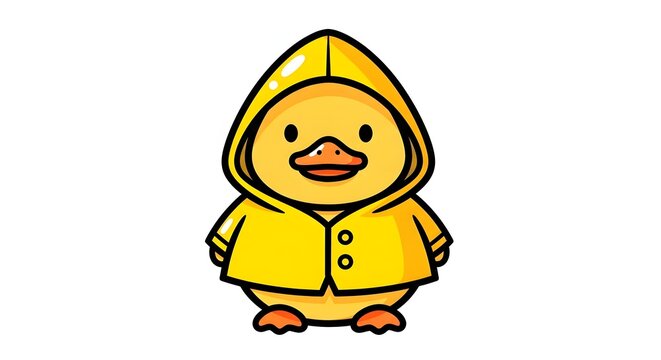 Cute cartoon yellow duck wearing a bright yellow raincoat with a hood, smiling happily on a white background.