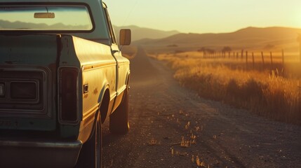 Vintage 1970s American Pickup Truck on Rural Highway at Golden Hour, Modern Country Aesthetic