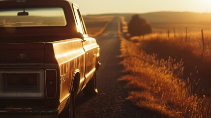 Vintage 1970s American Pickup Truck on Rural Highway at Golden Hour, Modern Country Aesthetic