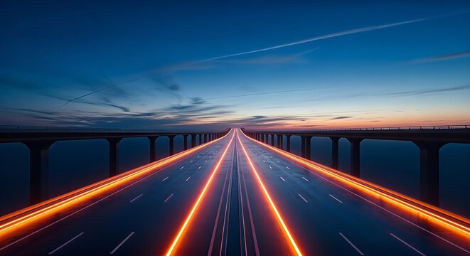 Modern highway bridge at twilight with glowing light trails representing speed and future transportation