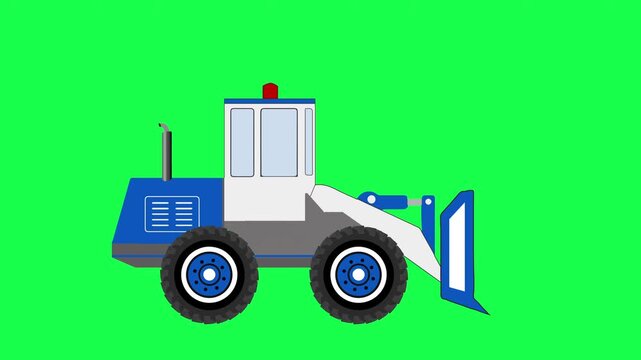 Bulldozer vector animation looping. White-blue vehicle vector looping animated on green screen