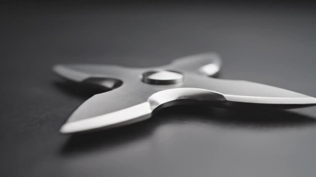 A stainless steel, four-pointed throwing star lies on a blurred gray background