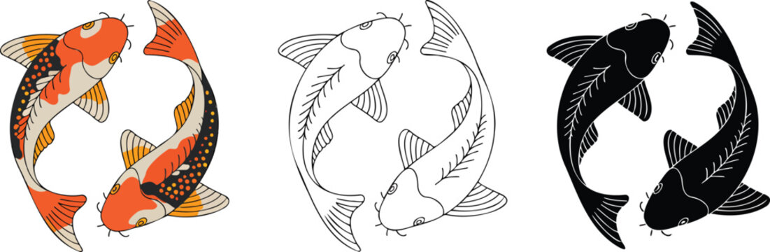 Koi fish silhouette & Outline and illustration set isolated on transparent background