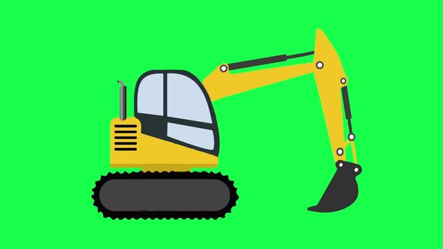 Excavator vector animation looping. Yellow backhoe vehicle vector looping animated on green screen