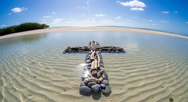 Christian cross made of smooth stones and driftwood lying in shallow clear ocean water on sand bar