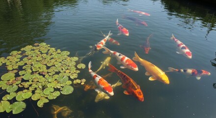 Vibrant Koi Fish Swimming in a Serene Pond with Lily Pads