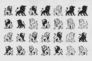 Obraz premium Set of dynamic lion illustrations in various black and white styles