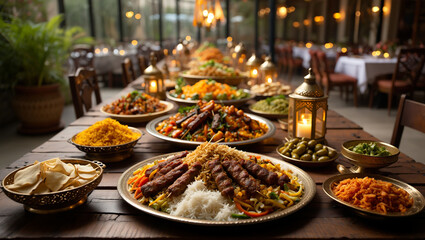 Fototapeta premium A grand culinary feast showcasing an exquisite array of traditional Middle Eastern and South Asian dishes, beautifully presented on a dining table in an elegant restaurant setting