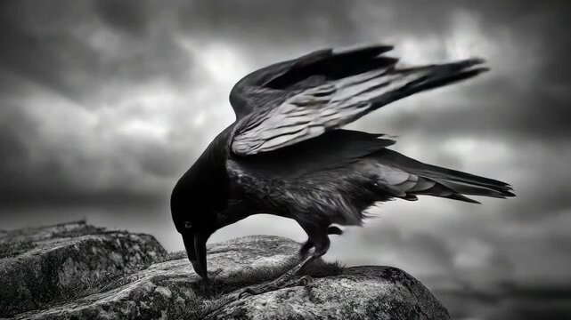 Moody Raven Perched on Rock Under Stormy Sky Dark Gothic Wildlife Concept