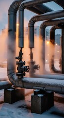 Steam coming from industrial pipeline system covered by snow in cold winter weather with yellow lights in background. Urban landscape.