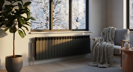 Cozy apartment interior with radiator, armchair, and blanket. Winter outside the window with snow on trees. Warm home concept.