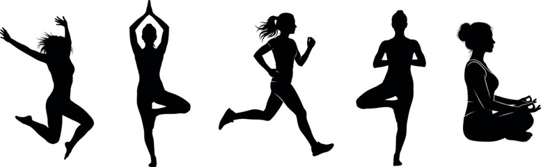 Silhouette of women in various yoga and fitness poses