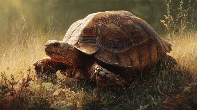 Giant Tortoise in Golden Grassland Peaceful Wildlife Nature Video