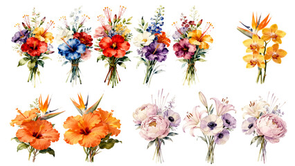 Colorful flowers bouquet illustration design for wedding card invitation print featuring peonies orchids and tulips in elegant botanical style.