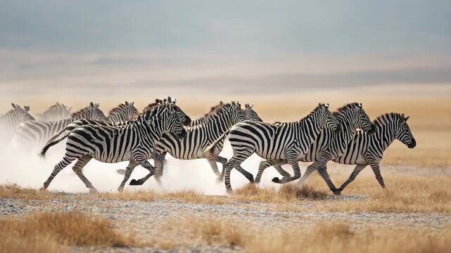 Herd of Zebras Running Across African Savannah Wildlife Safari Action Video