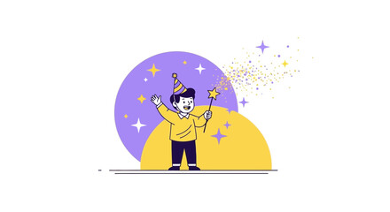 Obraz premium Joyful Child Wields Magic Wand Amidst Cosmic Stars And Celebratory Confetti