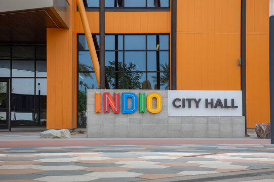 INDIO, CALIFORNIA, UNITED STATES - Feb 10, 2026: City Hall building of Indio, signage and entrance