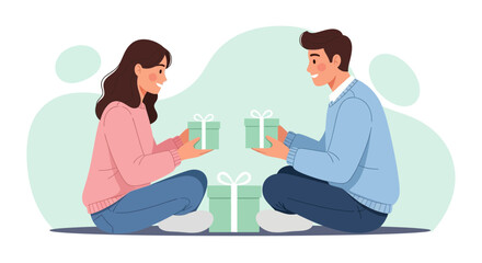 Fototapeta premium Joyful Exchange Of Gifts Between A Young Couple In A Cozy Setting