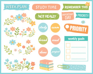 Cute Pastel Floral Planner Stickers Set &ndash; Weekly & Daily Digital Bullet Journal Vector. Pastel Bloom in Green, Pink and Light Blue for Digital Bullet Journal and School Diary.