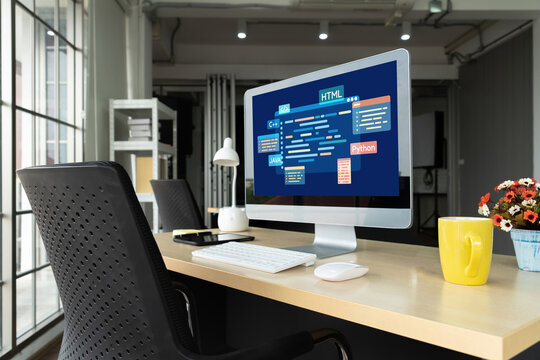 Software development or programming work with coding screen of various programming languages like HTML, , , and C brisk for new application development