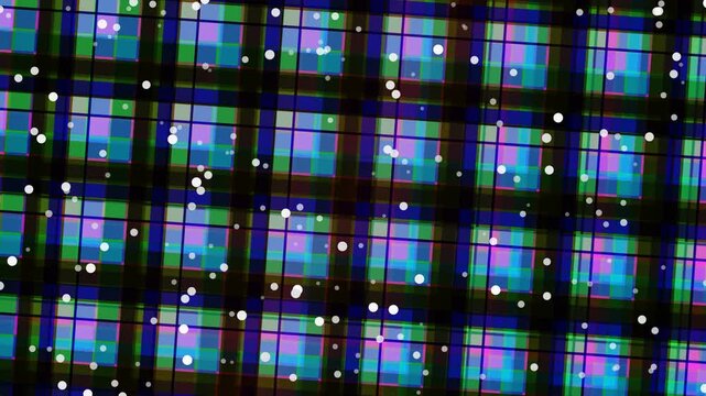 Abstract digital art with a vibrant, glowing tartan pattern of blue, purple, and green squares, overlaid with shimmering white glitter particles, creating a festive and ethereal bokeh effect