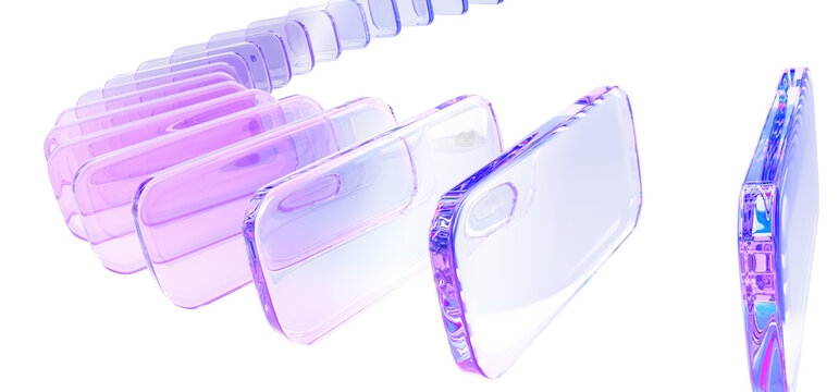 3d graphic array of glass transparent rectangle plate shape row with pink purple holographic gradient on light blue tech background. Render abstract curve wave flow with motion effect