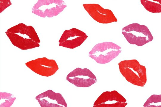 Vibrant pattern of red and pink lip prints on white background
