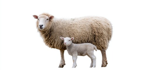Naklejka premium Sheep and lamb standing together - fluffy wool and nurturing pose on white background
