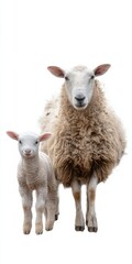 Fototapeta premium Mother sheep and lamb facing forward on white background