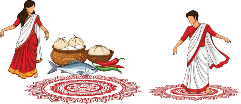 Bengali traditional women dancing with pitha fish and chilli on decorative alpana floor vector art illustration