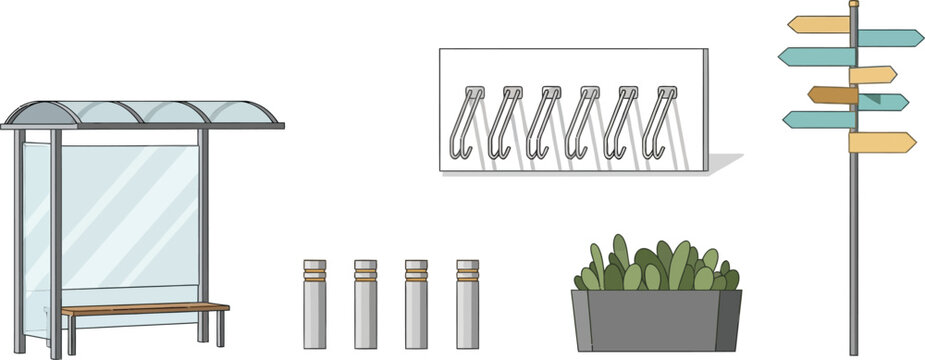 Bus stop shelter street signs planting pots directional arrows public transport waiting area illustration