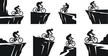 Collection of silhouette vector illustrations depicting mountain bikers navigating dangerous cliff edges © MDMUKTADIR