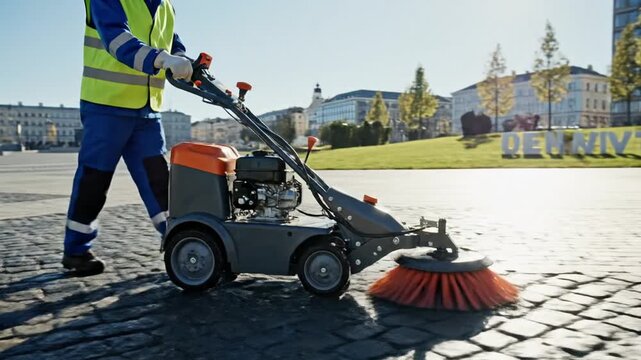 A groundskeeper cleans a cobblestone square with a street sweeper on a sunny day