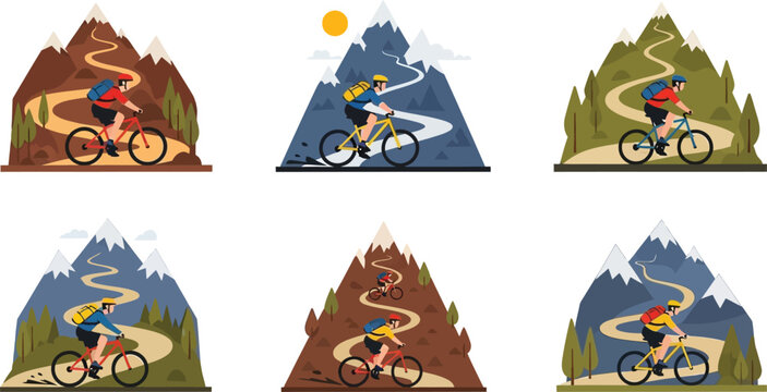 Man cycling mountain road downhill steep trail scenic landscape adventures sports recreation illustration scenes