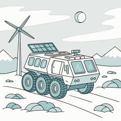 Futuristic Renewable Powered Arctic Exploration Rover with Solar Panels and Advanced Sensors in a Cool Palette.