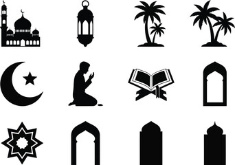 Islamic religious icon set with mosque and crescent