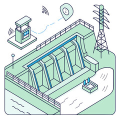 Isometric Smart Dam Water Control Technology Illustration for Hydropower, Reservoir Management, and Civil Engineering Projects.