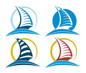 Symbols of sailing vessels with blue wave. © designer_an