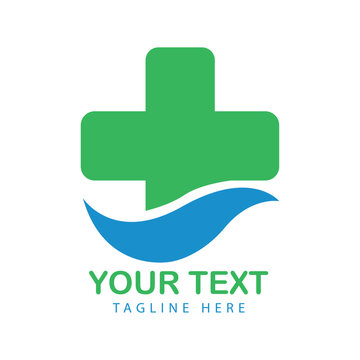 Medical Health Logo with Green Cross and Blue Abstract Wave Element