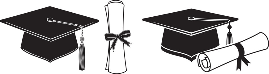 Graduation Cap and Diploma Scroll &ndash; Black and White Academic Vector Illustration. Graduation cap and diploma scroll a symbol of academic achievement