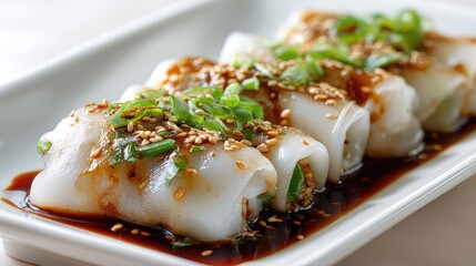 Stuffed rice noodles (cheung fun style), filled with seasoned beef and shrimp, glossy rice noodle rolls topped with light soy sauce and sesame oil, Guangxi Cuisine