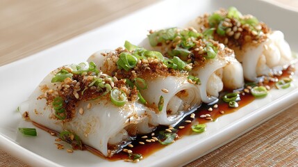 Stuffed rice noodles (cheung fun style), filled with seasoned beef and shrimp, glossy rice noodle rolls topped with light soy sauce and sesame oil, Guangxi Cuisine
