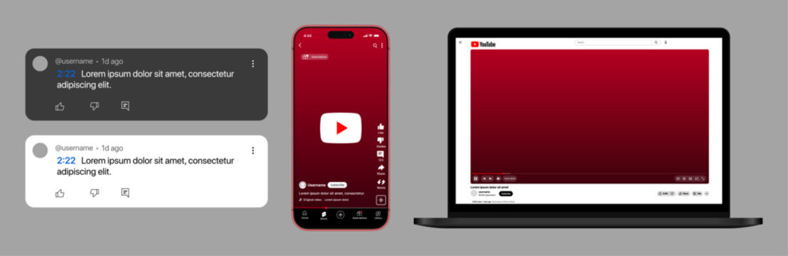 YouTube Video Player UI on iPhone and Desktop Laptop, Carousel Recommendations, Comments Section, Like Share Buttons, Modern Streaming Interface Mockup, Cross-Device Responsive Design