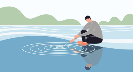 Man Creates Ripples On Calm Water Surface With Reflecting Landscape