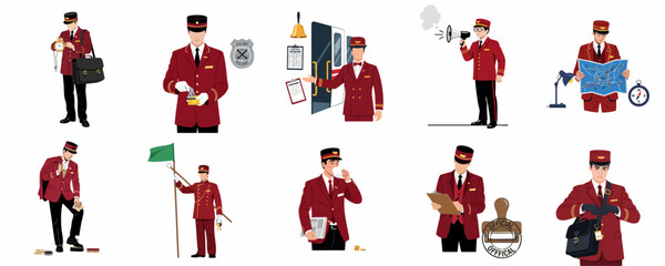 Vector illustrations set depicting a railway conductor or train attendant performing various professional duties like timekeeping, ticket punching, signaling, and making announcements. © dewi