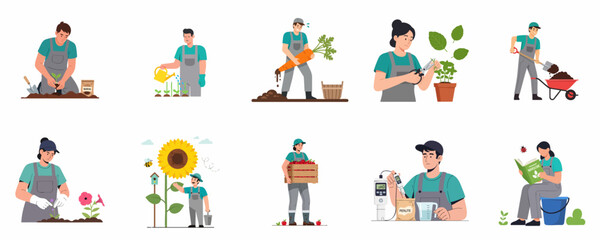 Fototapeta premium Set of illustrations depicting diverse agricultural work: planting, watering, harvesting vegetables and fruits, and soil care, representing farming processes and horticulture.