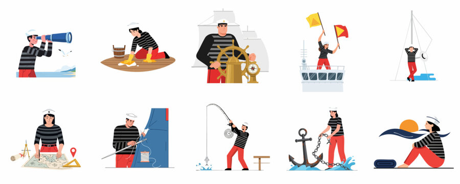 Daily maritime life vector set: sailors working, navigating, steering, fishing, and relaxing on a ship or near the sea.