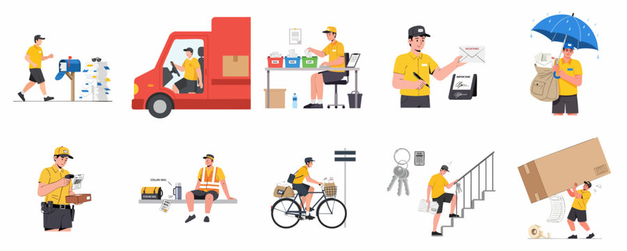 Daily life and duties of a professional mail carrier set, showing activities like sorting, driving, delivering letters, handling packages, and overcoming challenges like rain or heavy boxes.